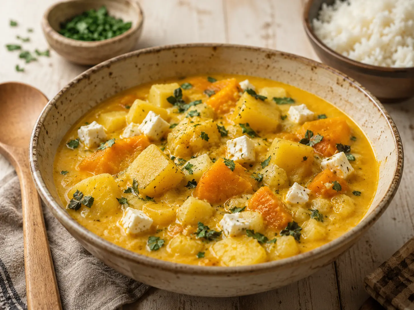 Locro de papa peruano cremoso con zapallo, queso fresco y hierbas servido con arroz blanco