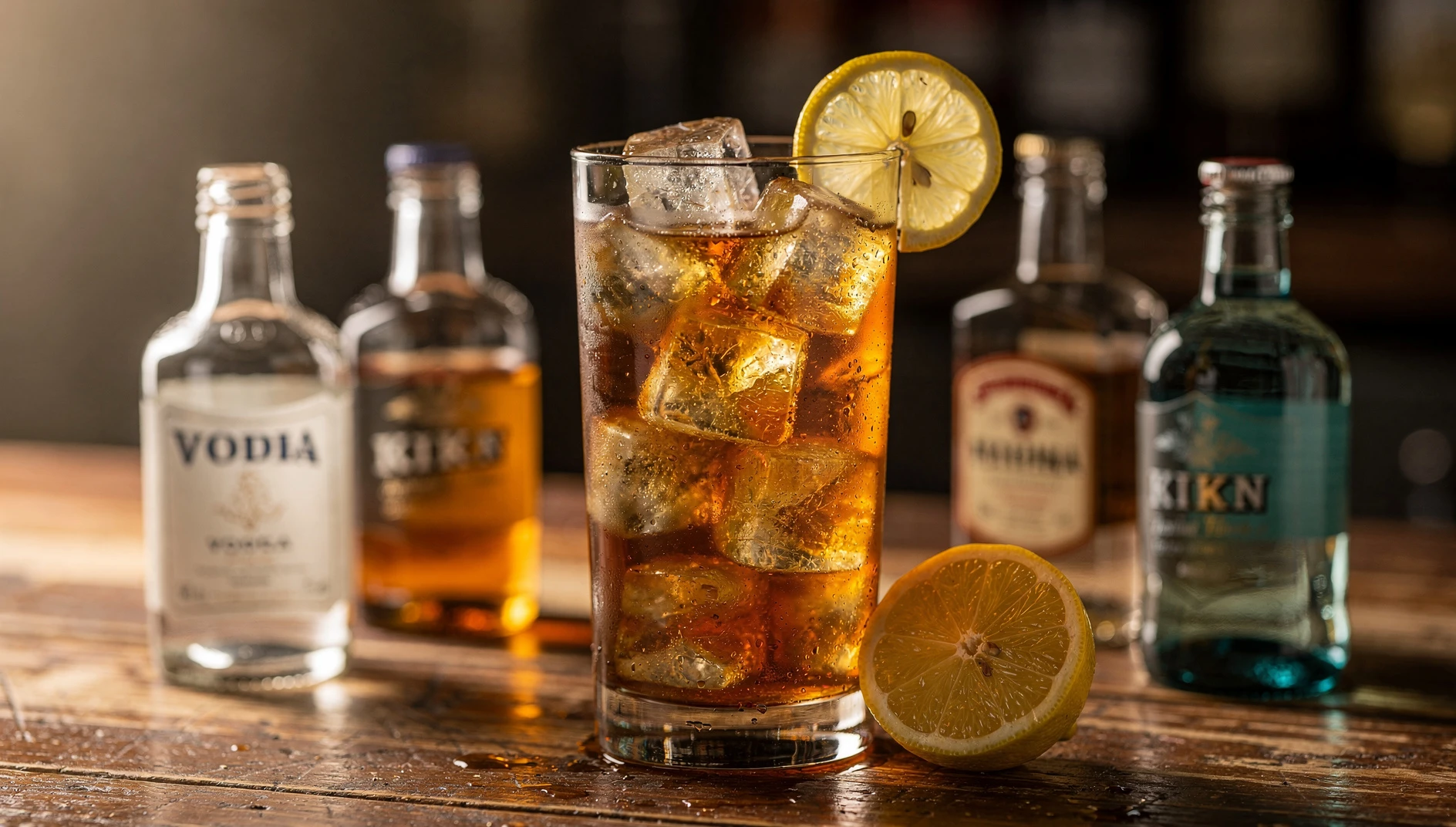 Vaso highball con Long Island Iced Tea clásico, hielo en cubos y rodaja de limón como decoración