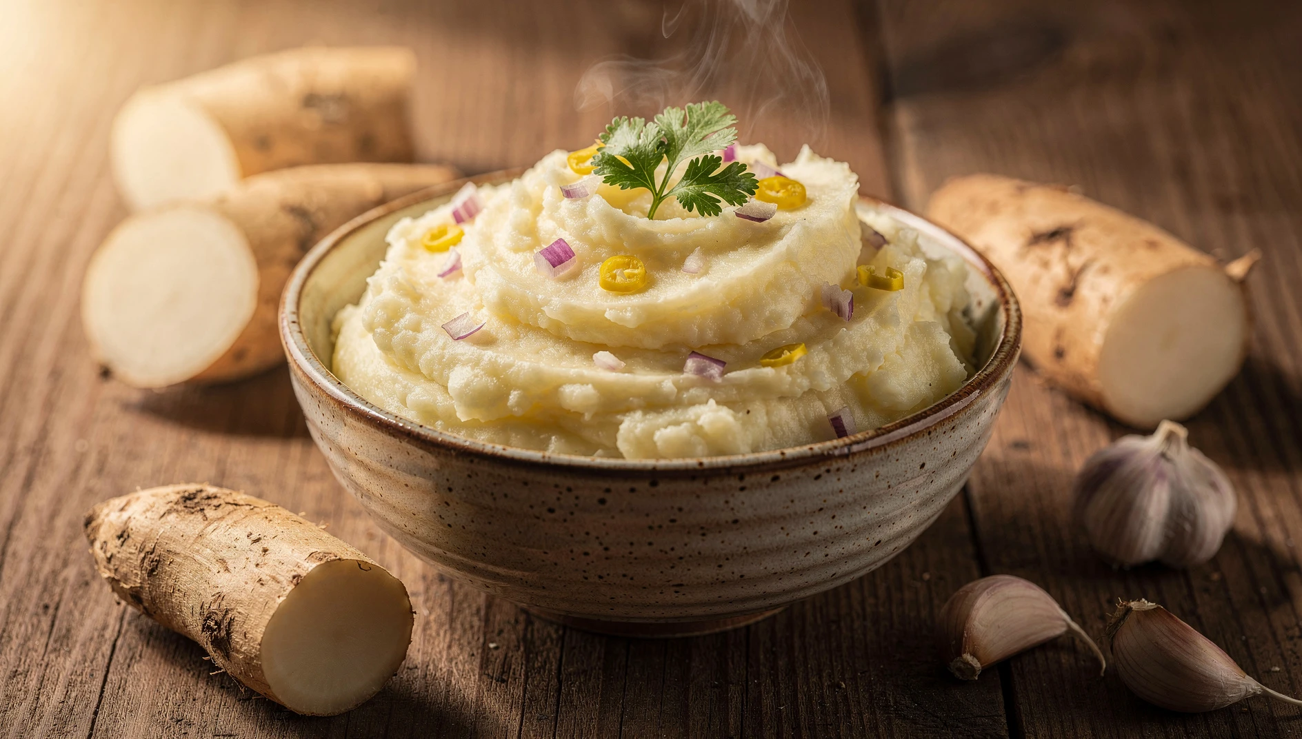 Majado de yuca piurano servido en un tazón de cerámica con aderezo criollo de cebolla y ají amarillo