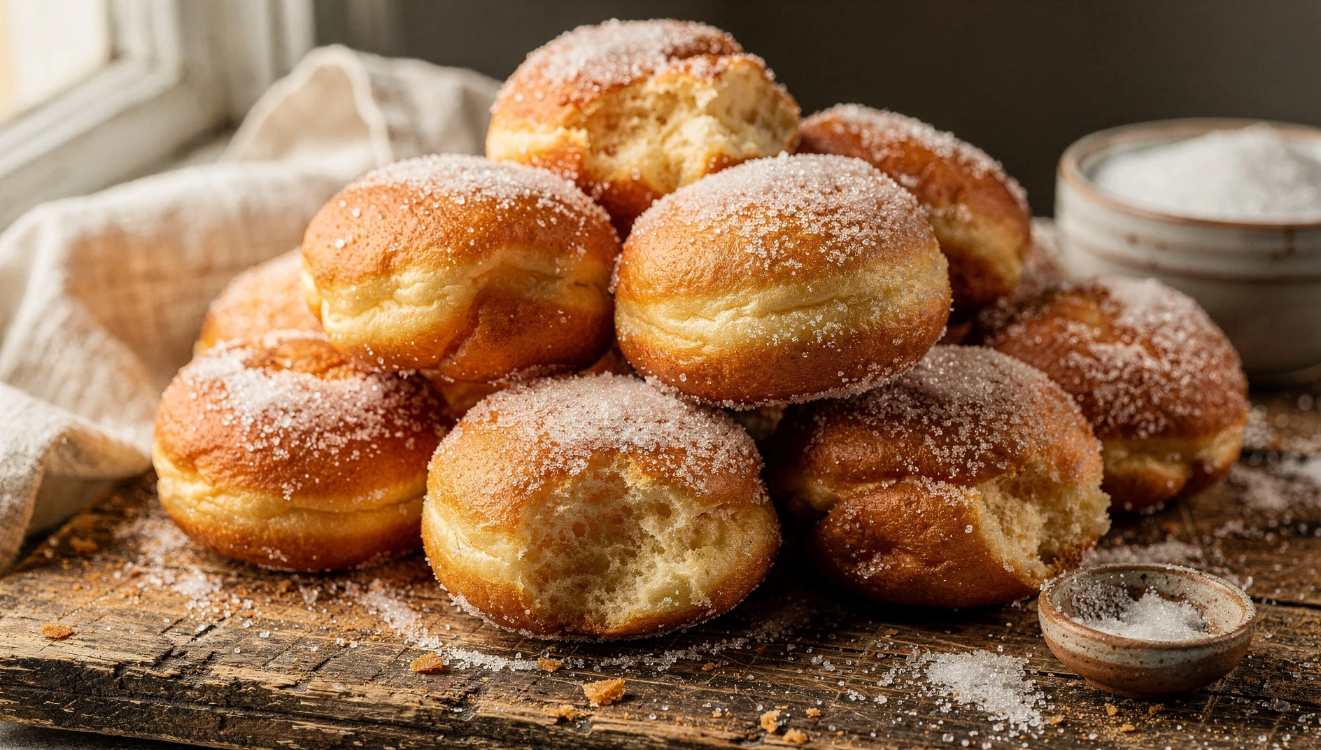 Malasadas hawaianas recién fritas cubiertas de azúcar sobre una tabla de madera