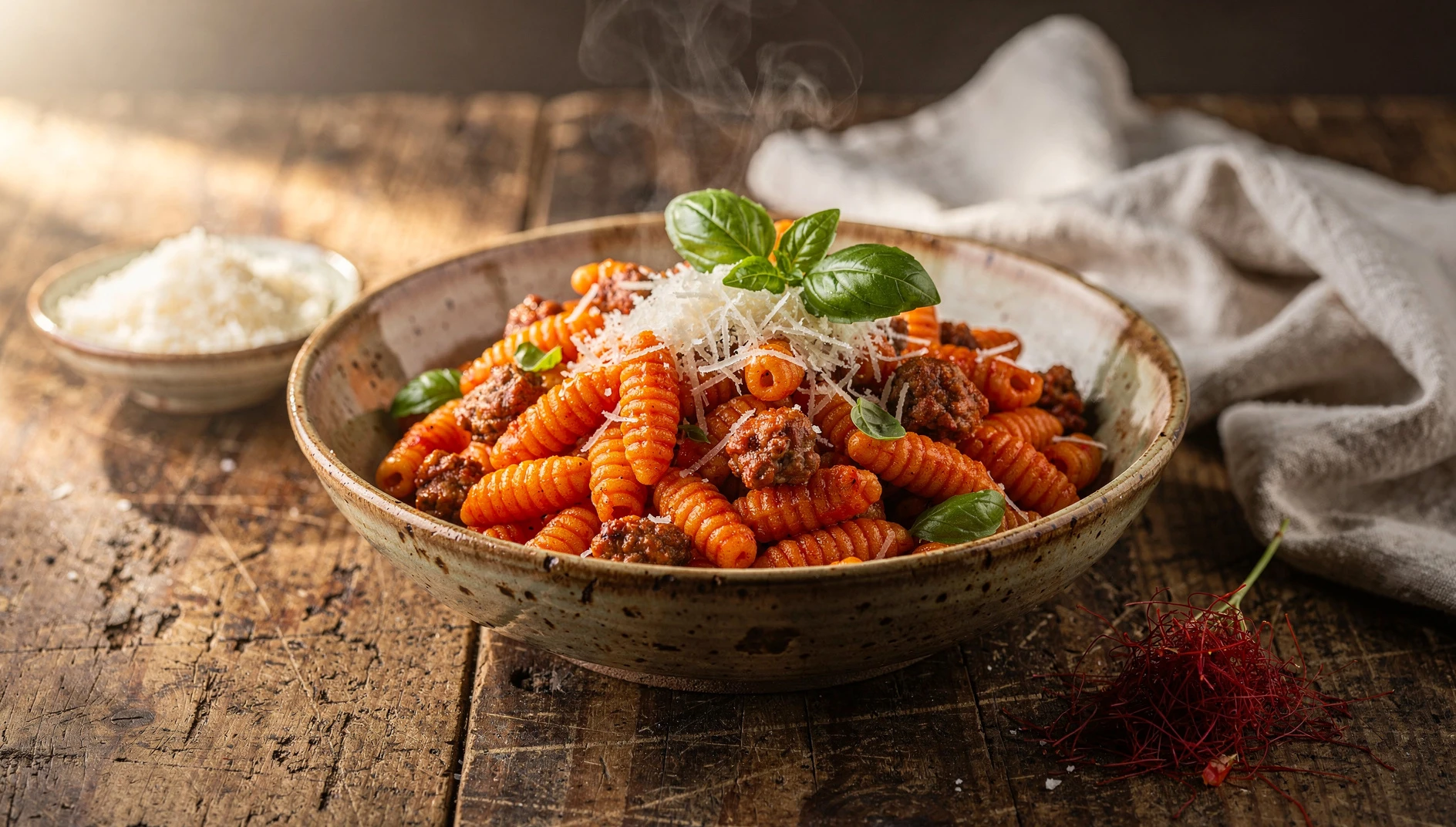 Bol de malloreddus alla campidanese con ragú de salchicha, azafrán y queso Pecorino rallado
