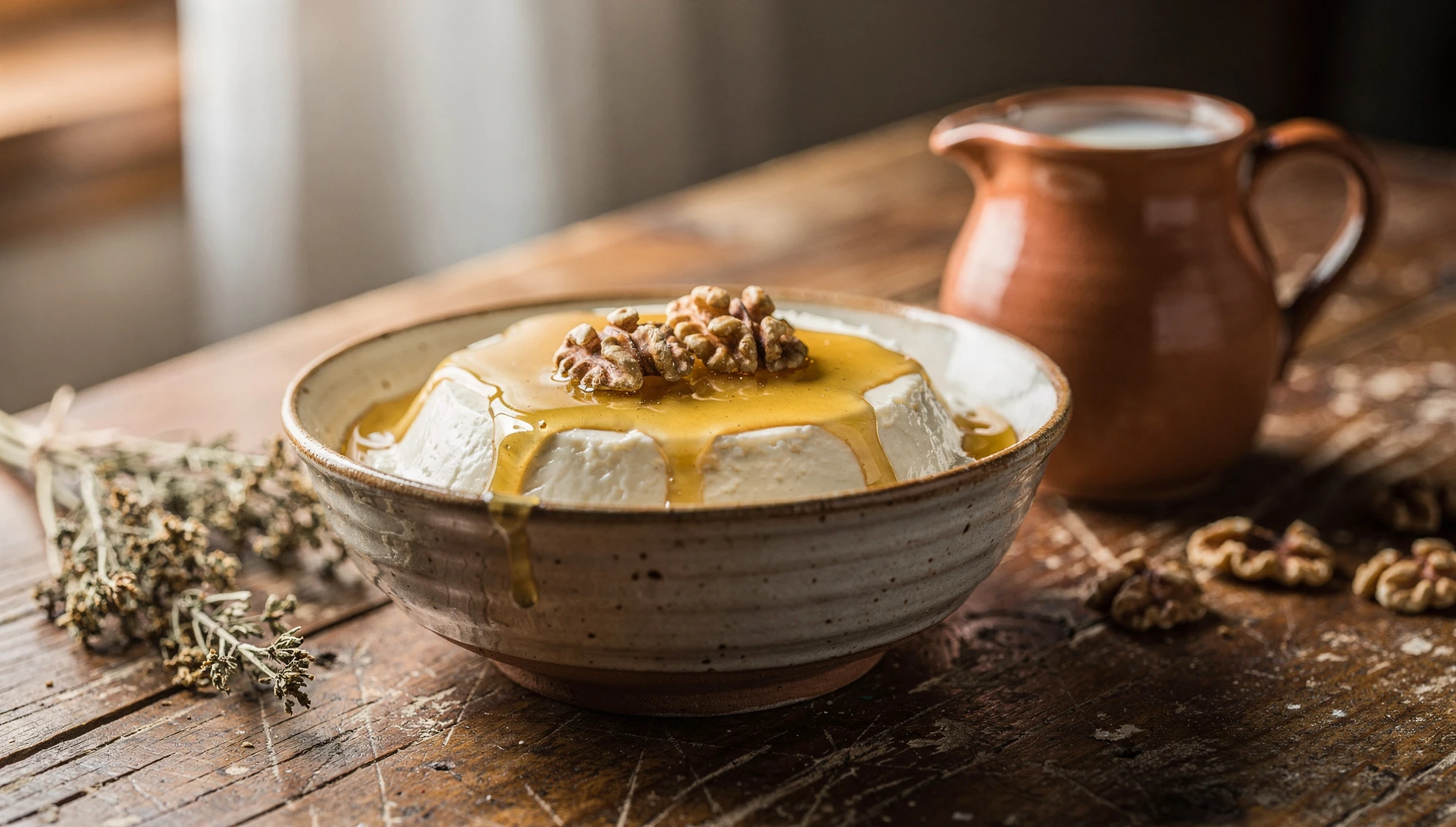 Mamia vasca casera en cuenco de barro con miel y nueces sobre mesa de madera rústica