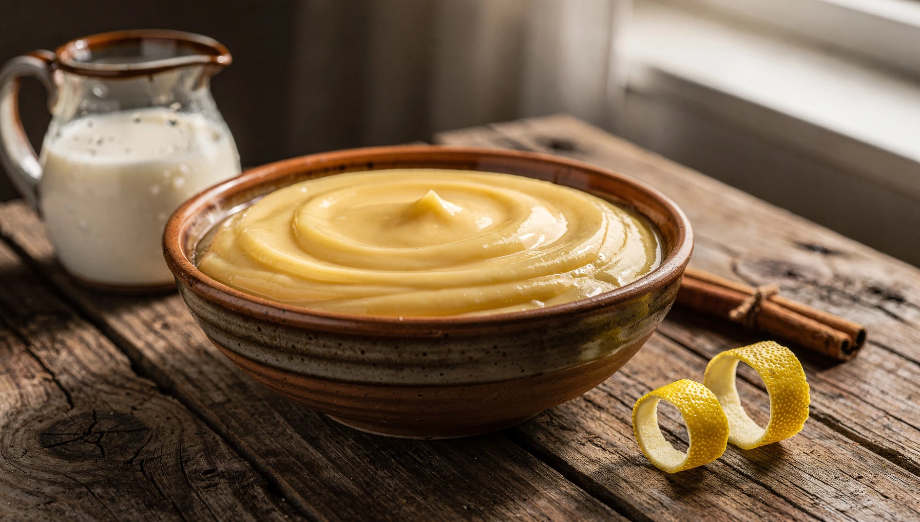 Bol de cerámica con manjar blanco cajamarquino cremoso sobre mesa de madera rústica con leche fresca y canela