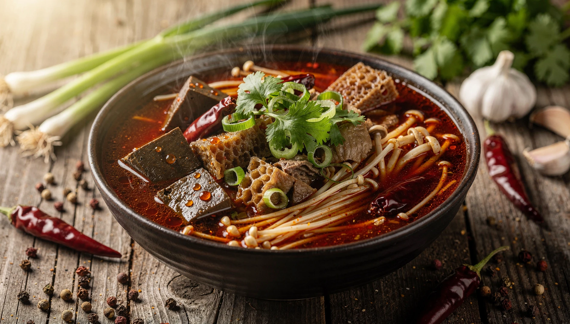 Bol de Mao xue wang con sangre de pato, tripas, setas enoki y brotes de soja en caldo picante rojo de Sichuan