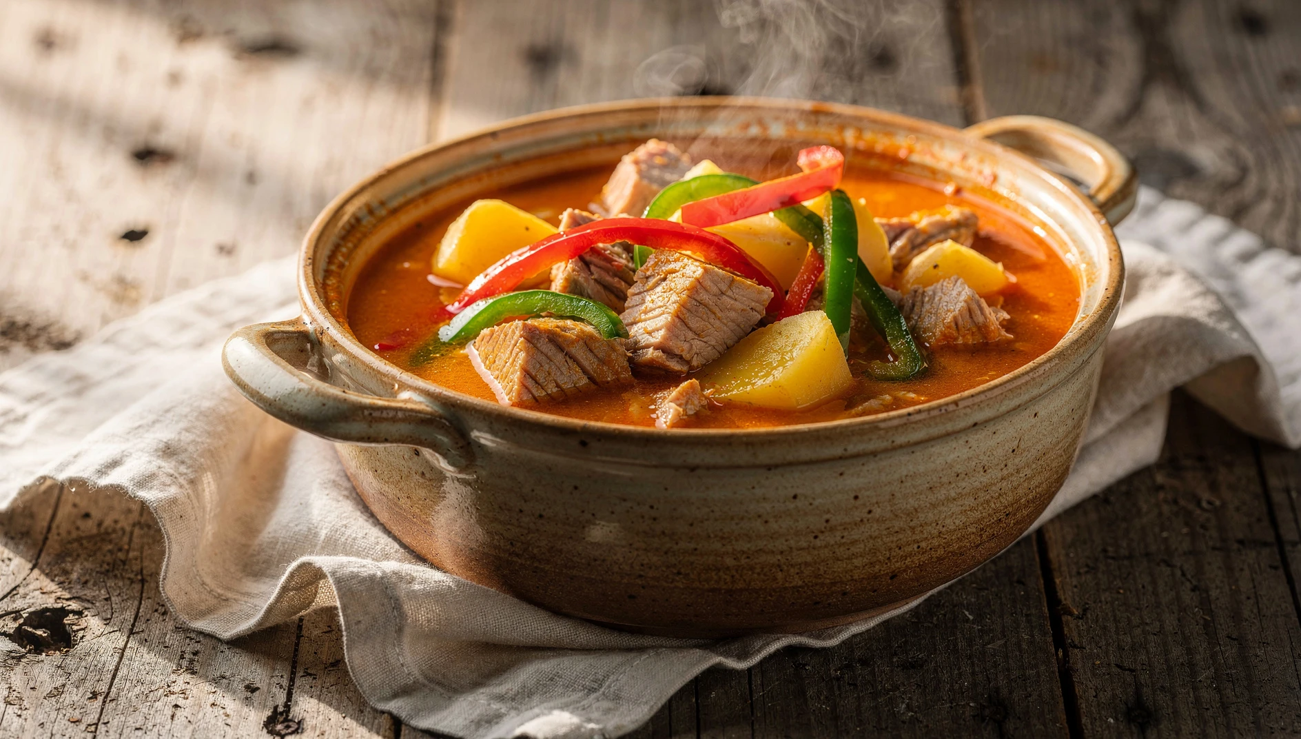 Cazuela de marmitako vasco con bonito del norte, patatas y pimientos en caldo de pescado