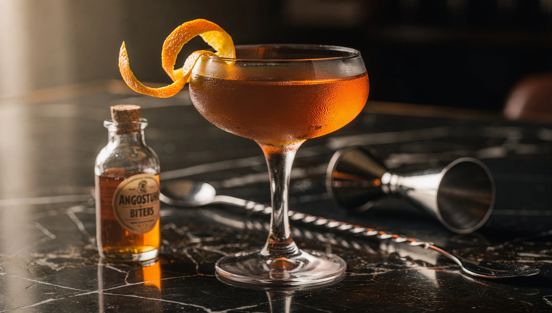 Copa de Martinez clásico con twist de naranja, vermut dulce y bitters sobre barra de mármol oscuro
