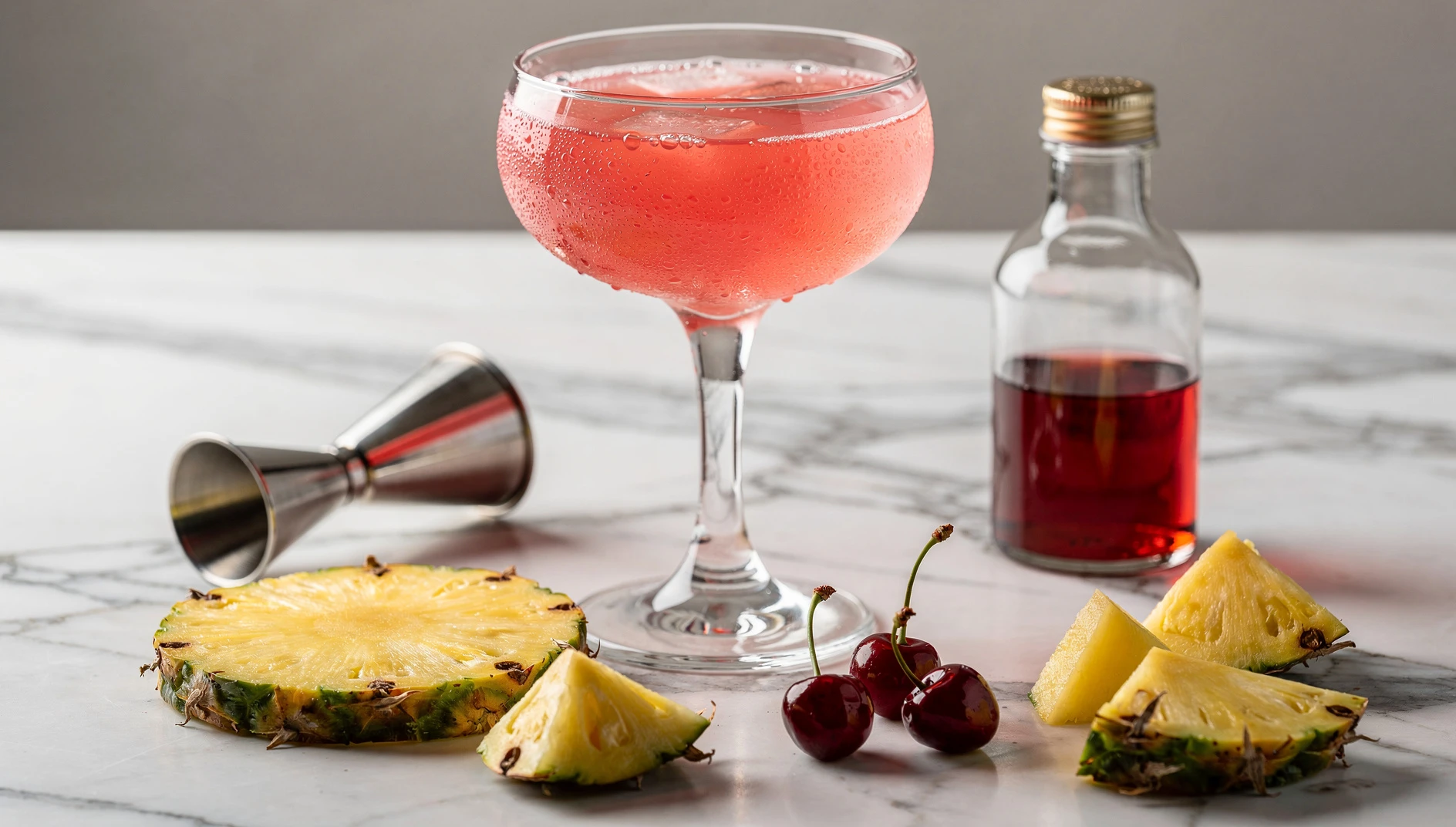 Copa cupé con cóctel Mary Pickford de color rosado acompañado de piña fresca y cerezas marrasquino