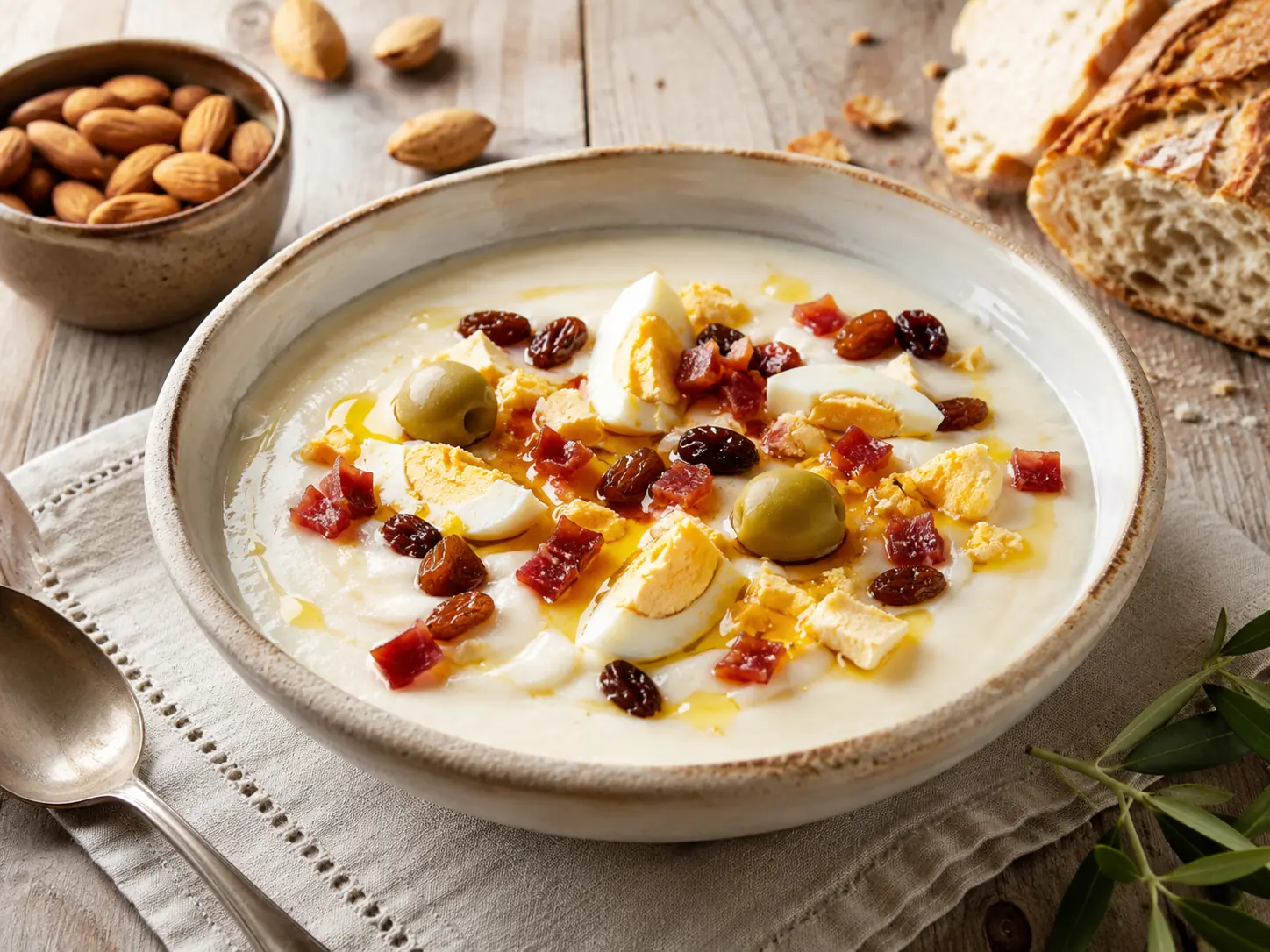Mazamorra cordobesa con huevo cocido, aceitunas, pasas, jamón y aceite de oliva
