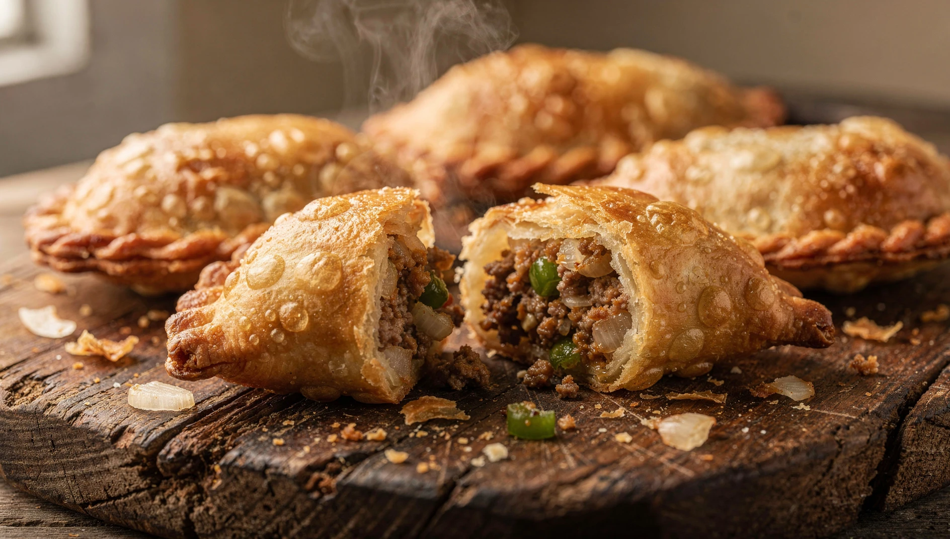 Meat pies de Natchitoches recién fritas, con forma de media luna y relleno de carne especiada al estilo de Luisiana