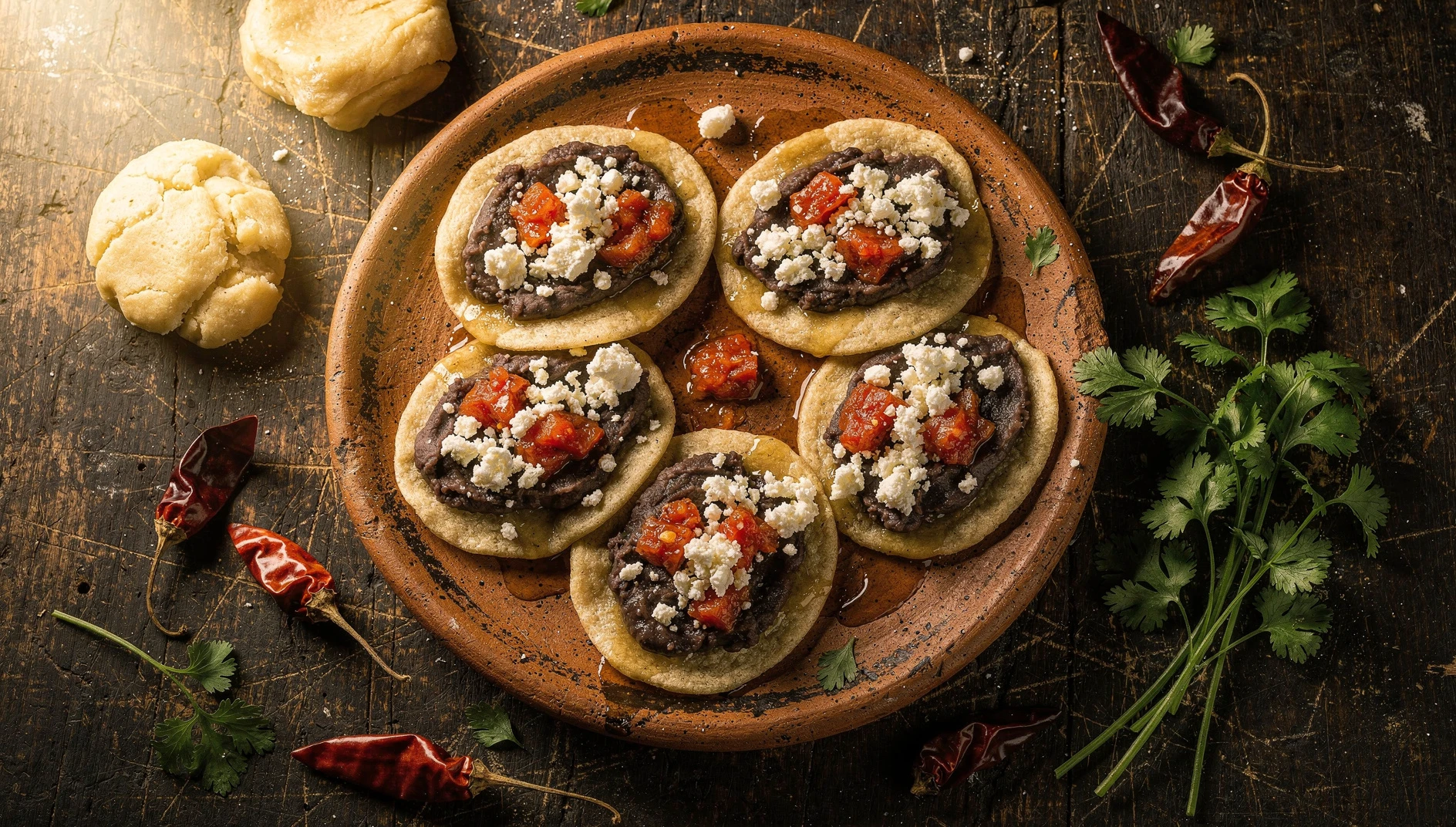 Memelas oaxaqueñas con frijoles refritos, queso fresco y salsa roja servidas en plato de barro
