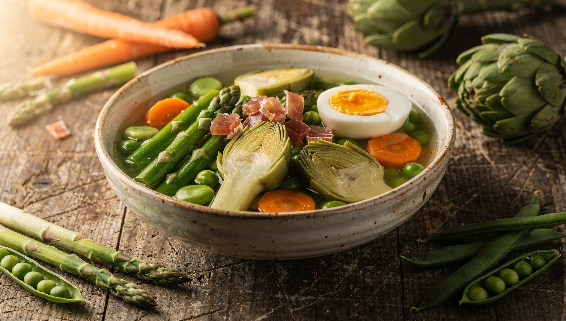 Menestra de verduras navarra en cazuela de barro con espárragos, alcachofas, guisantes y jamón serrano