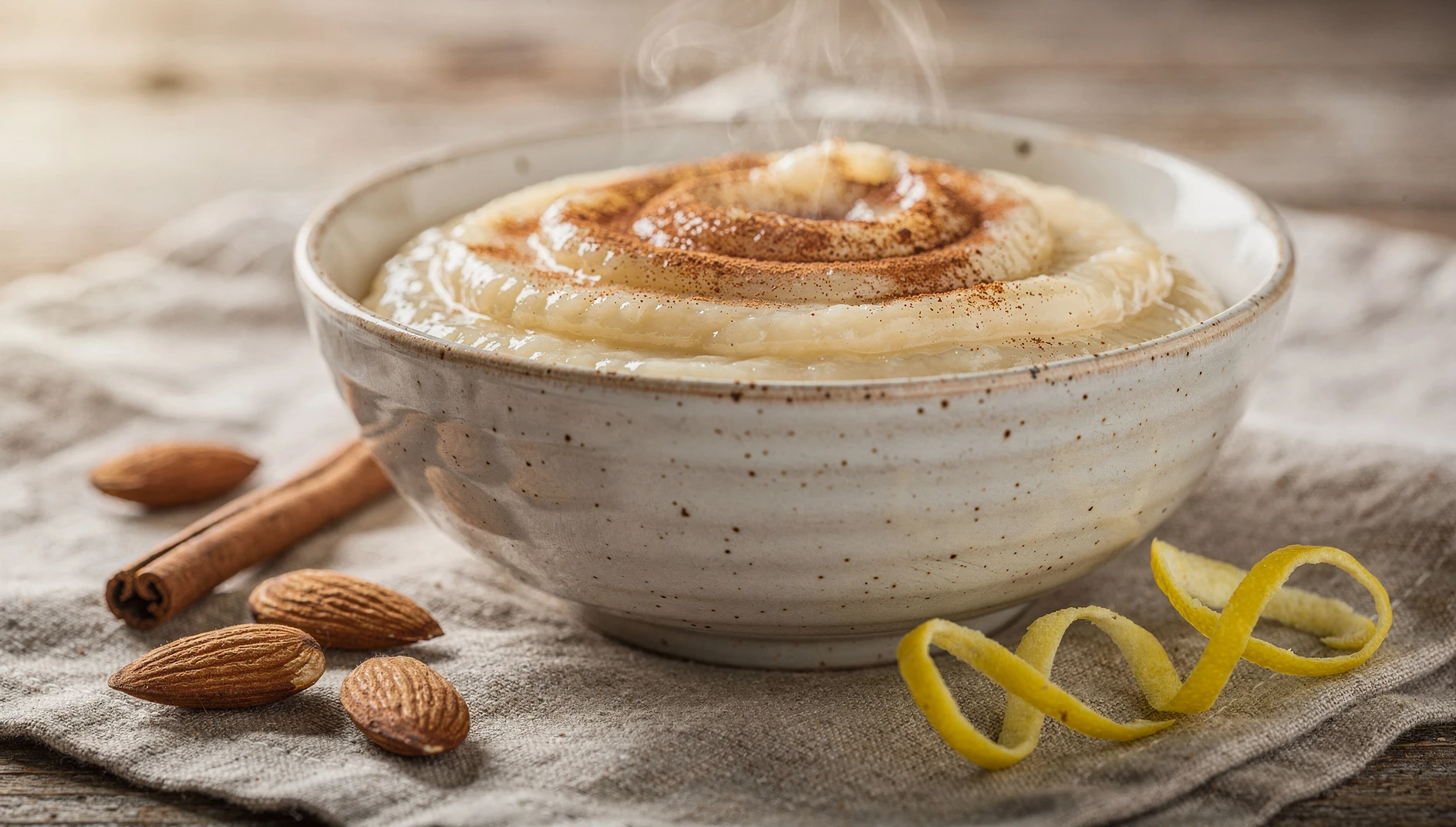 Cuenco de menjar blanc catalán espolvoreado con canela, rodeado de almendras y una rama de canela sobre tela de lino