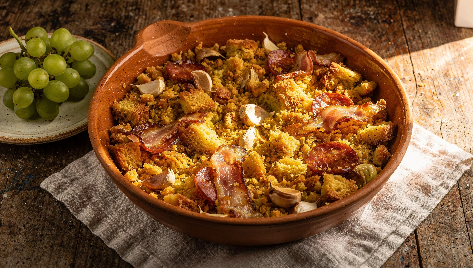 Migas aragonesas con panceta, chorizo y ajos dorados servidas en sartén de barro