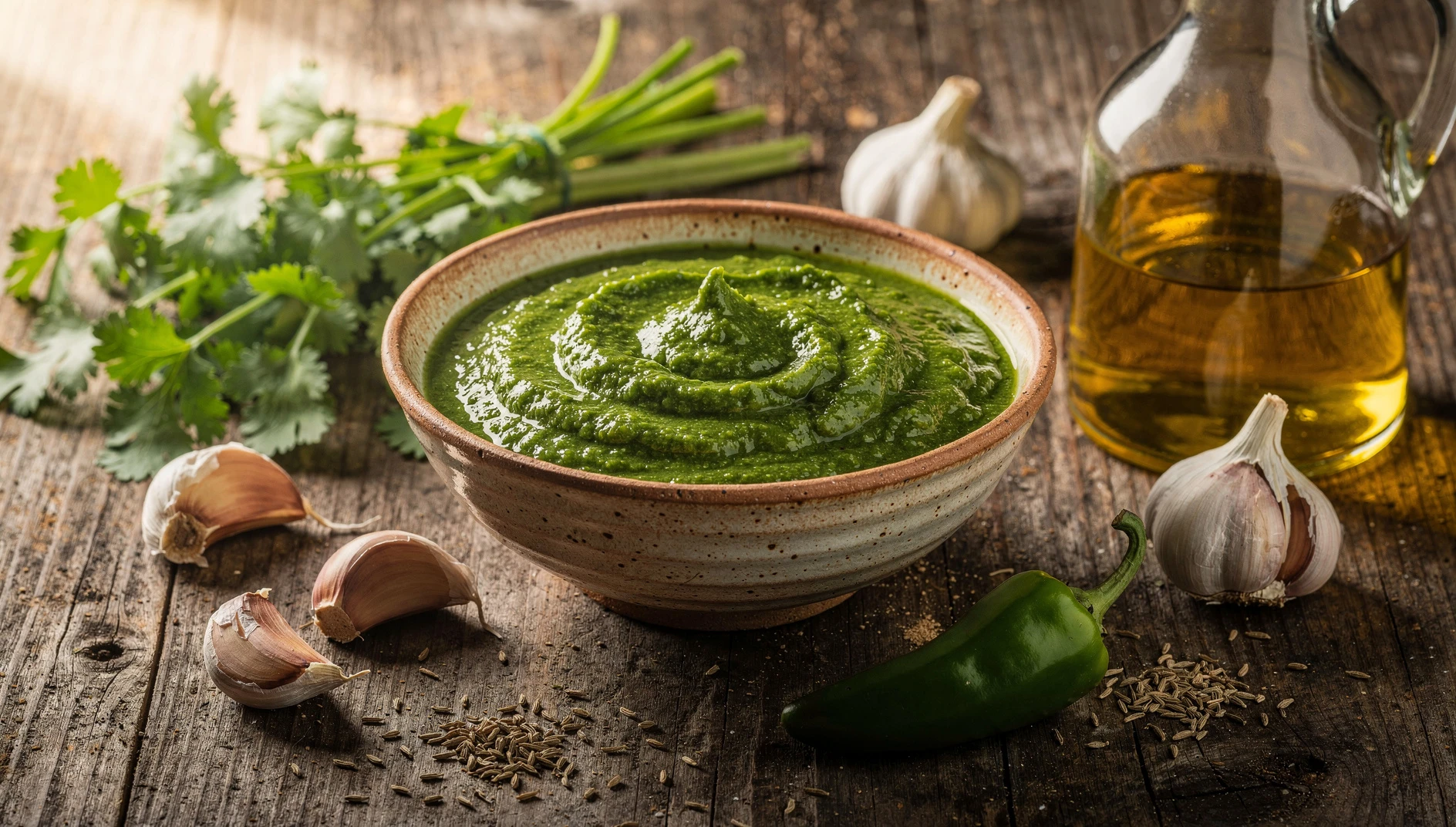 Bol de mojo verde canario casero rodeado de cilantro fresco, ajos y comino sobre mesa de madera