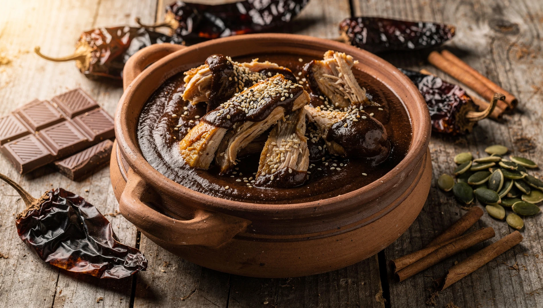 Mole poblano tradicional servido sobre pollo en cazuela de barro, decorado con ajonjolí tostado y chiles secos