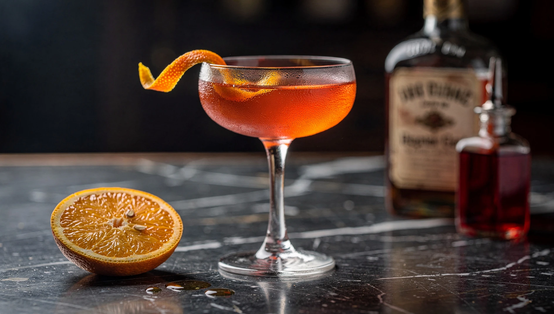 Copa coupé con un Monkey Gland, cóctel de gin con zumo de naranja y granadina, decorado con twist de naranja
