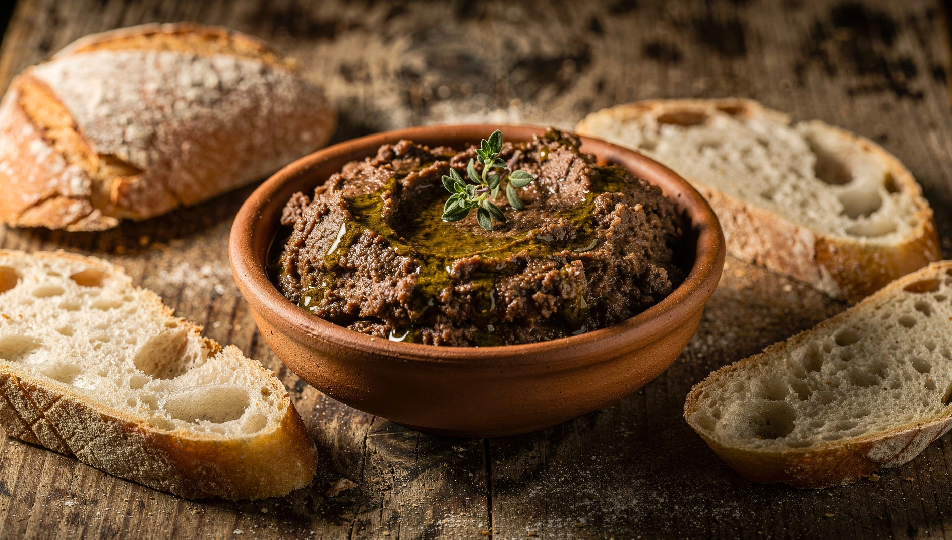 Cuenco de barro con morteruelo conquense tradicional acompañado de pan de pueblo