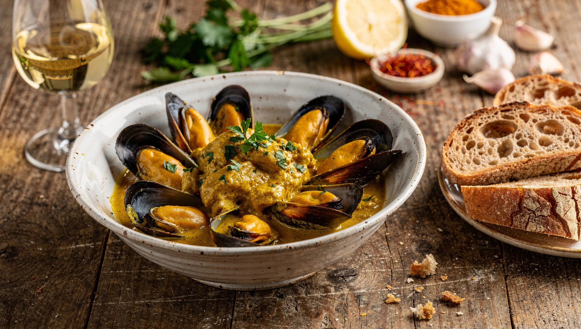 Mouclade charentaise servida en bol de cerámica blanca con salsa cremosa de curry, azafrán y perejil fresco