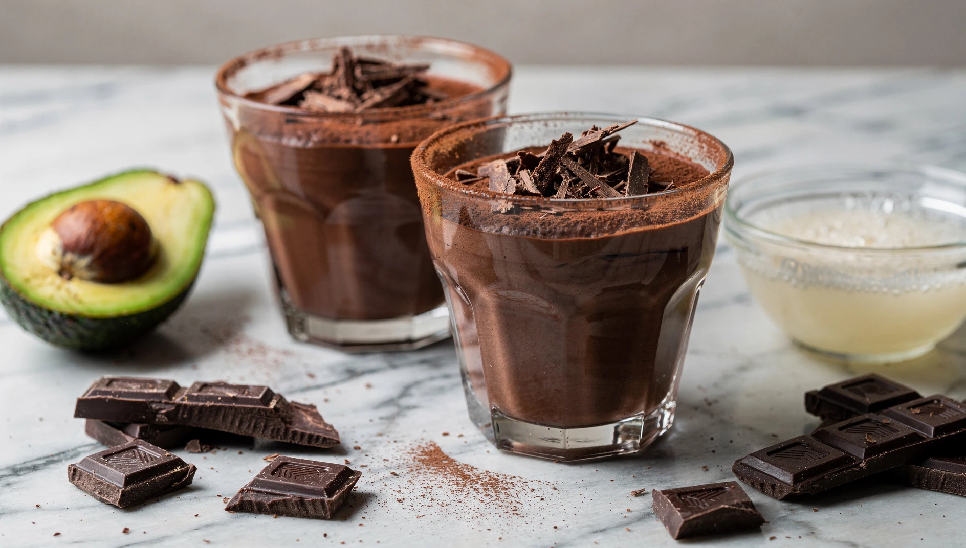 Dos copas de mousse vegana de chocolate decoradas con cacao en polvo y virutas de chocolate sobre una superficie de mármol
