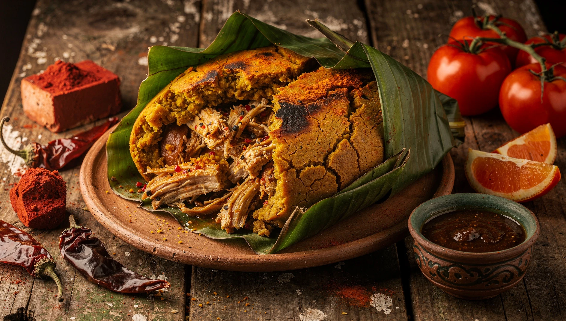 Mucbipollo yucateco cortado en cuadros sobre hojas de plátano, mostrando su relleno de pollo y cerdo con achiote