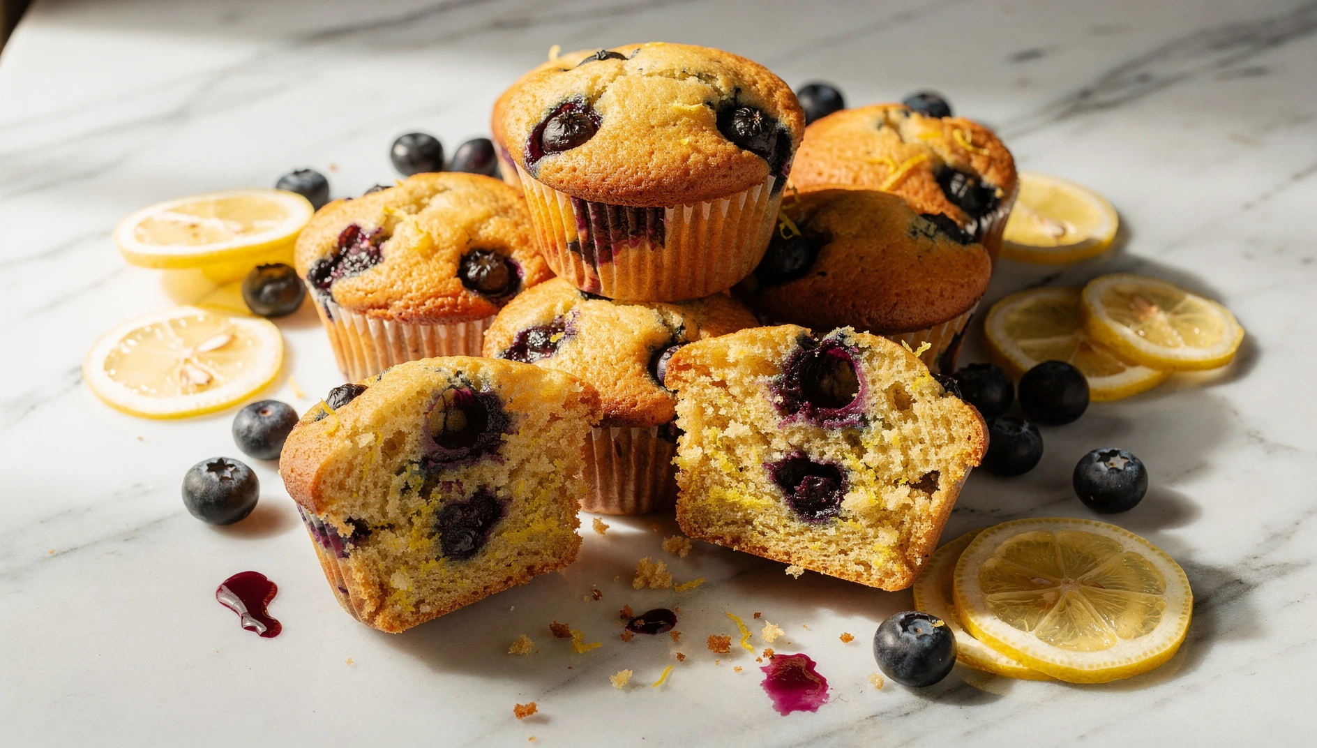 Muffins veganos de arándanos y limón sobre mármol blanco con fruta fresca alrededor