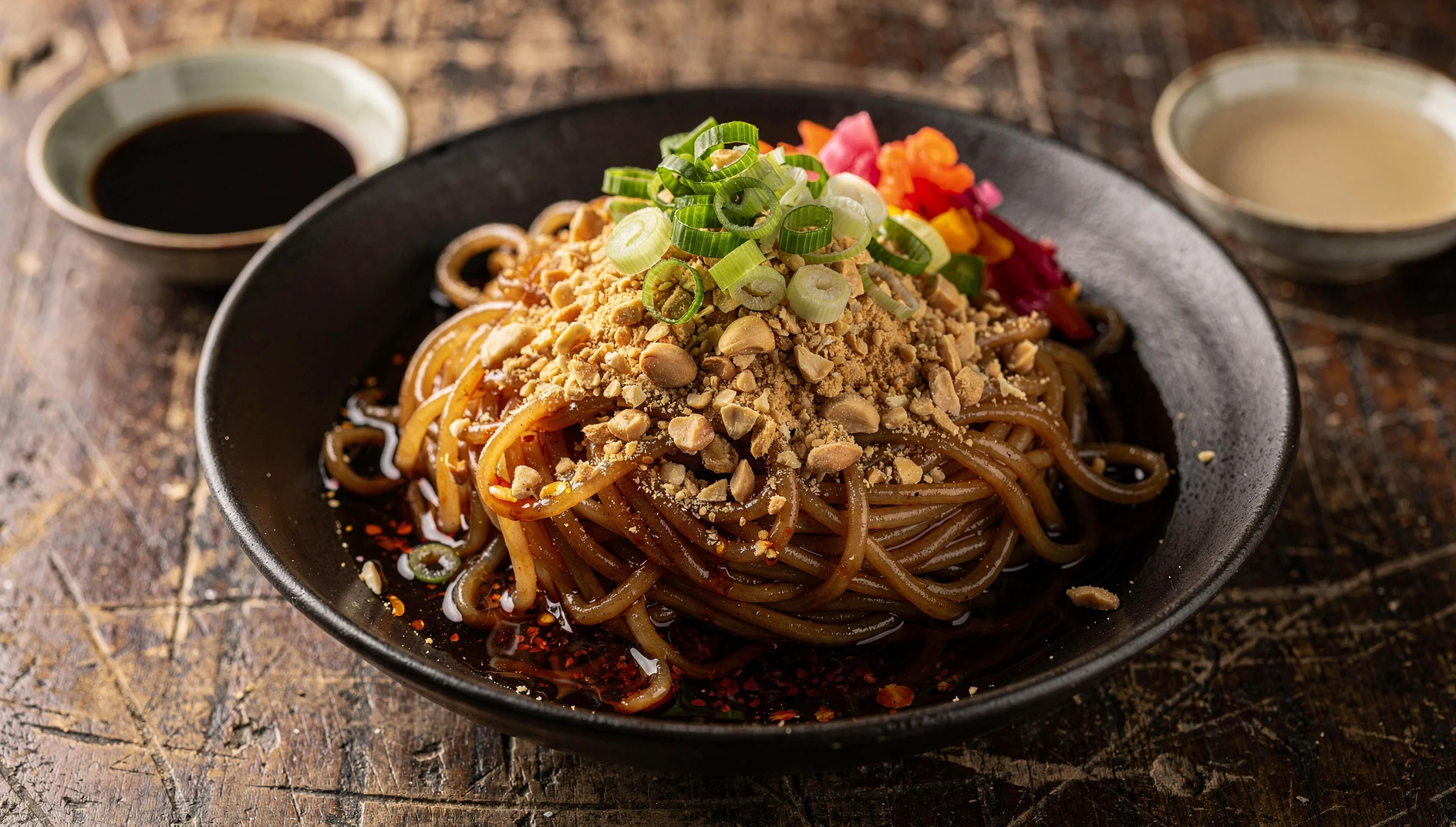 Bol de Nanchang mixian con fideos de arroz salteados, aceite de chile, cacahuetes tostados y cebolletas sobre mesa de madera