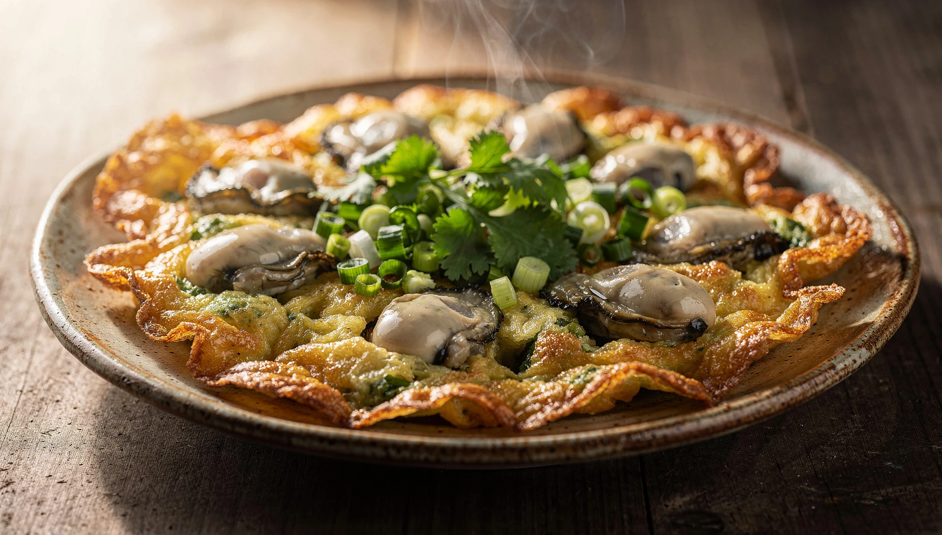 Tortilla de ostras china O a jian con cebolleta y cilantro servida en plato de cerámica