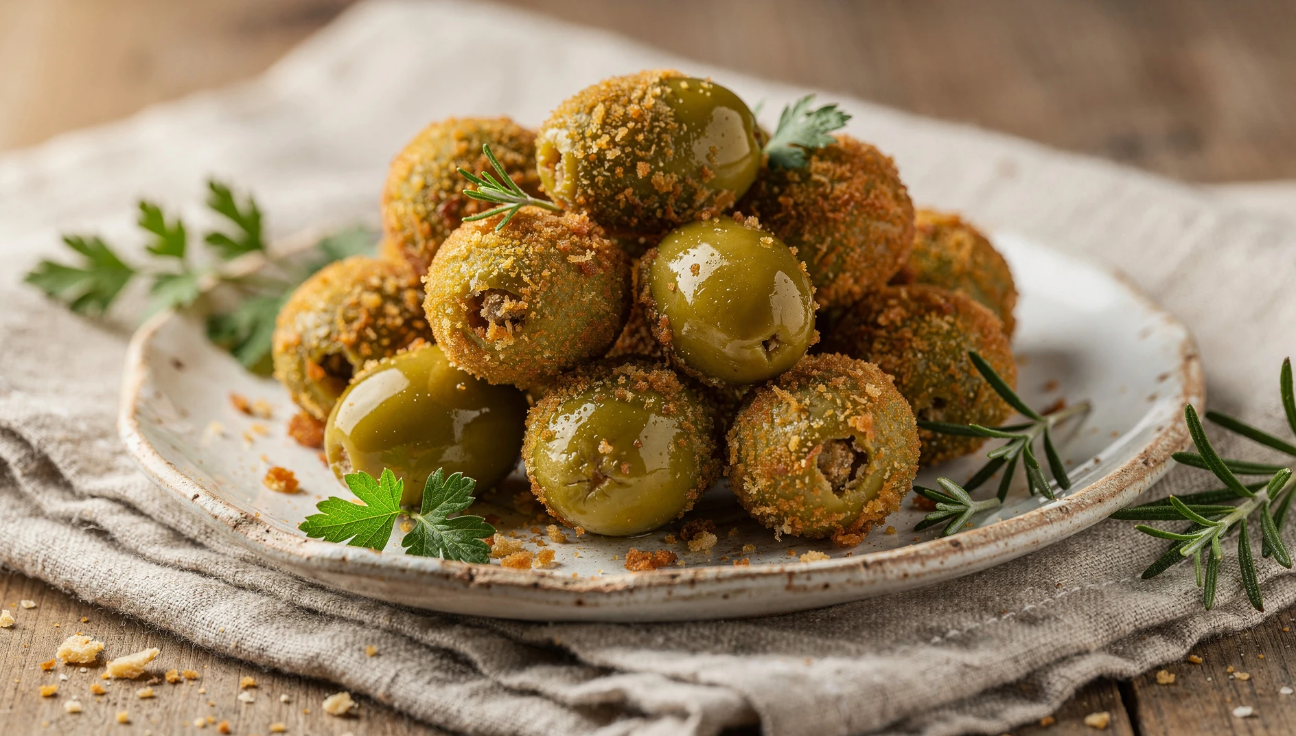 Olive all'ascolana fritas y doradas sobre un plato de cerámica rústica con hierbas frescas