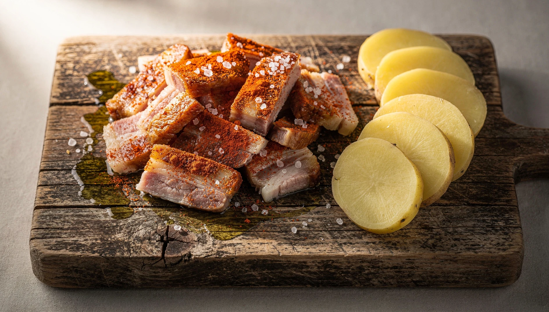 Oreja a la gallega en tabla de madera con pimentón, aceite de oliva y patatas cocidas