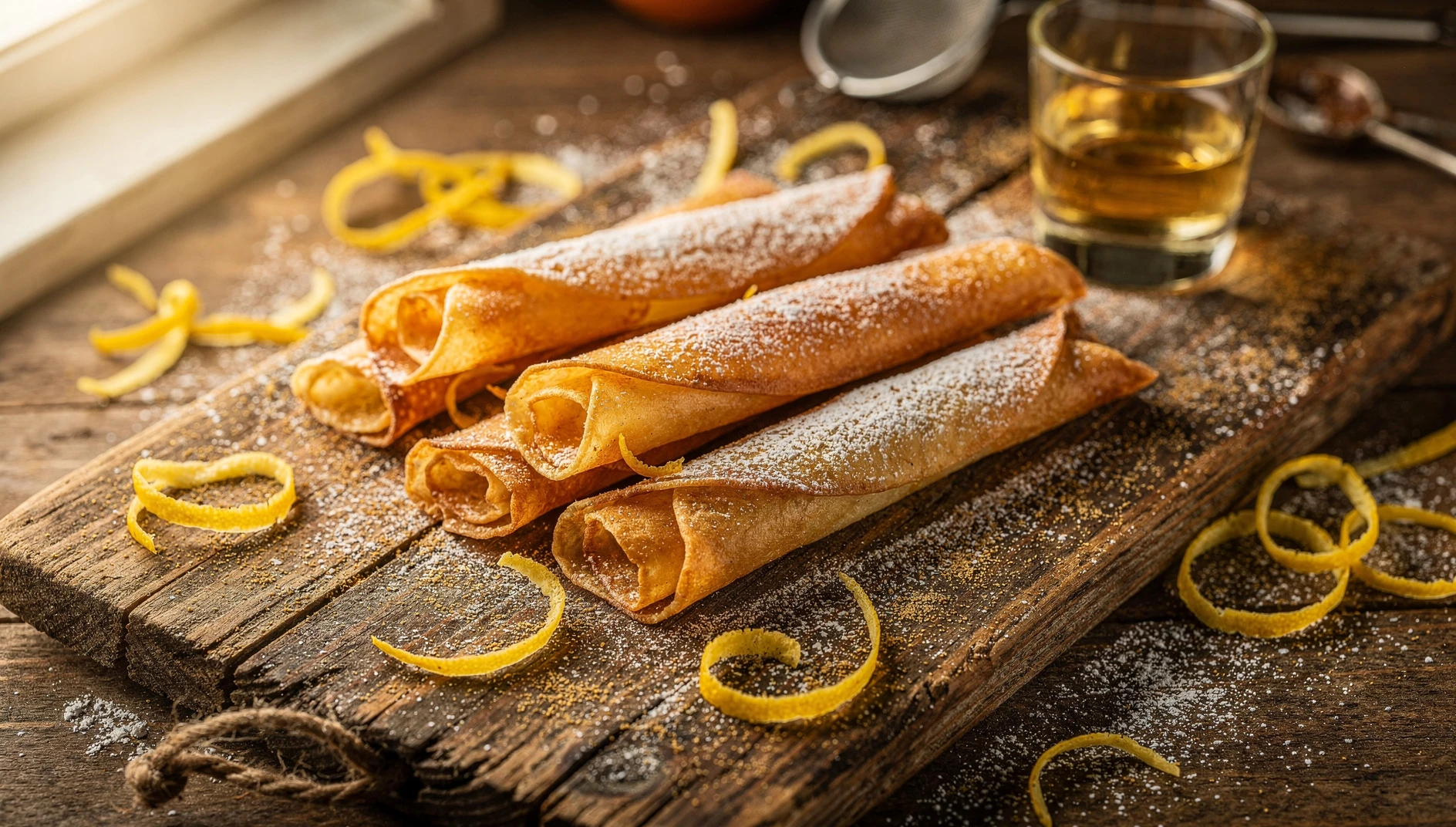 Orelletes catalanas fritas y espolvoreadas con azúcar glas sobre una tabla de madera rústica