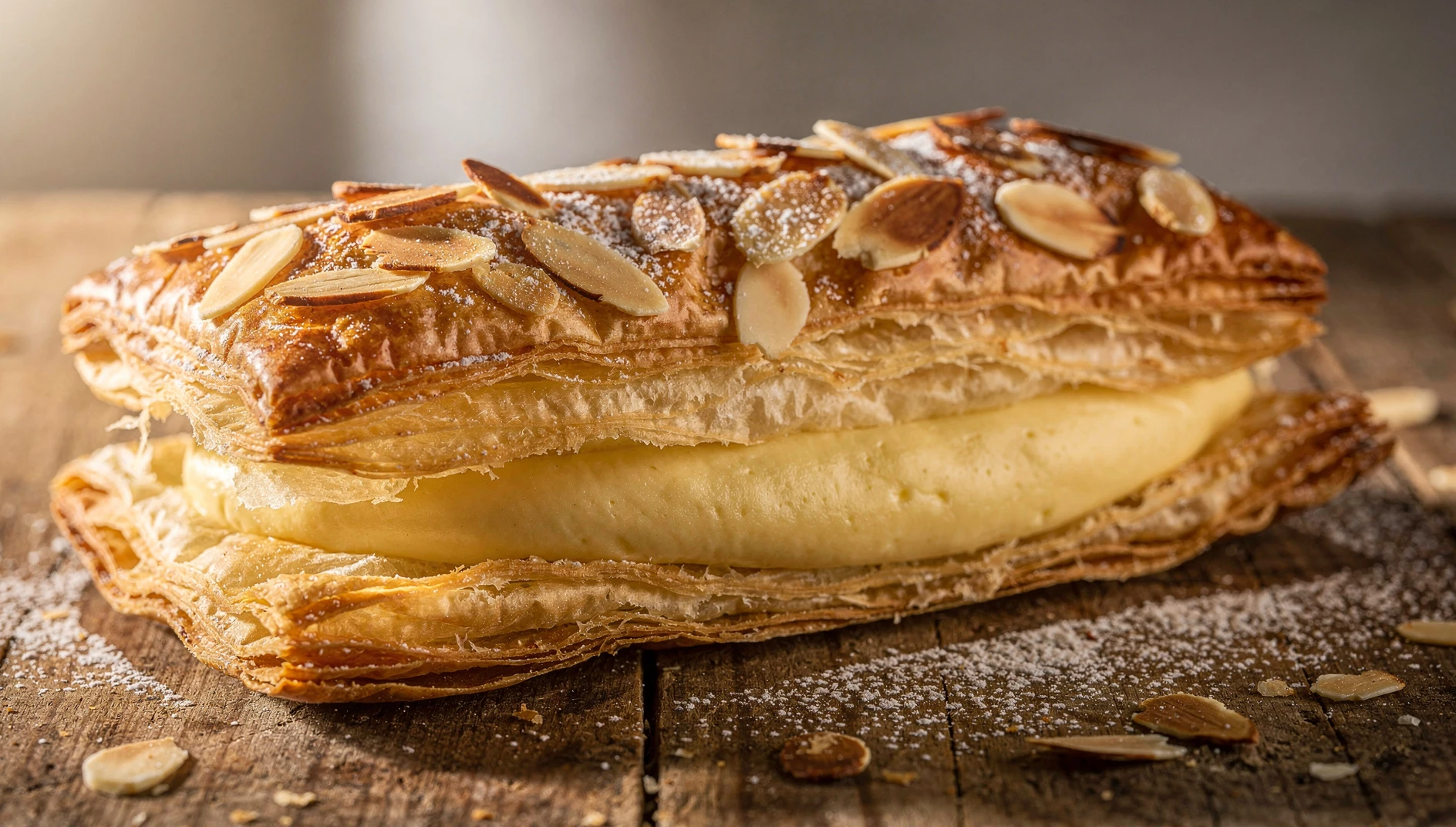 Pantxineta vasca recién horneada con hojaldre dorado, relleno de crema pastelera y almendras laminadas tostadas espolvoreadas con azúcar glas