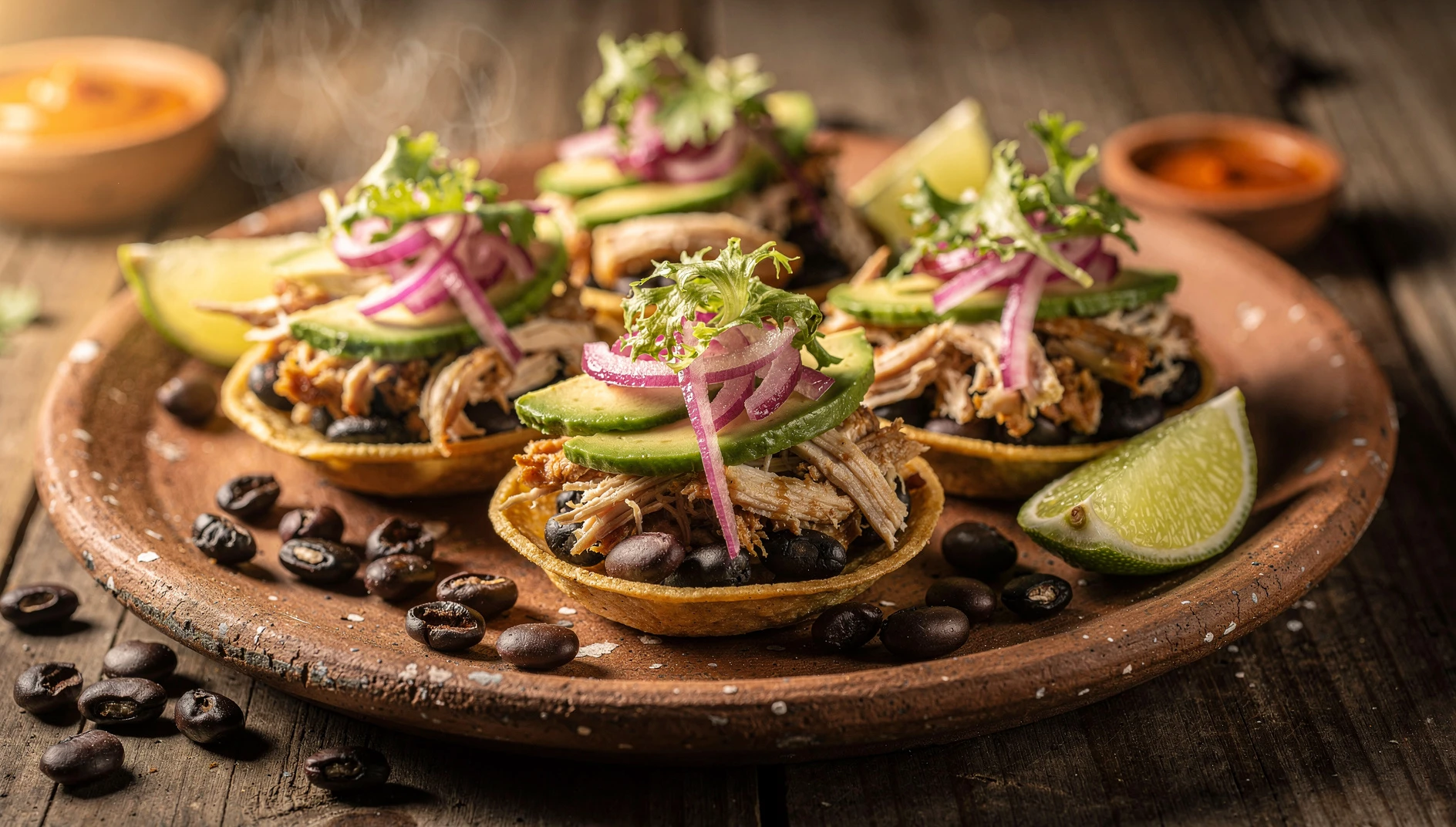 Panuchos yucatecos con pollo deshebrado, cebolla morada encurtida y aguacate sobre plato de barro