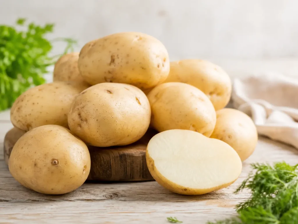 Papa blanca peruana sobre mesa rústica, variedad tradicional usada en sopas, guisos y platos caseros