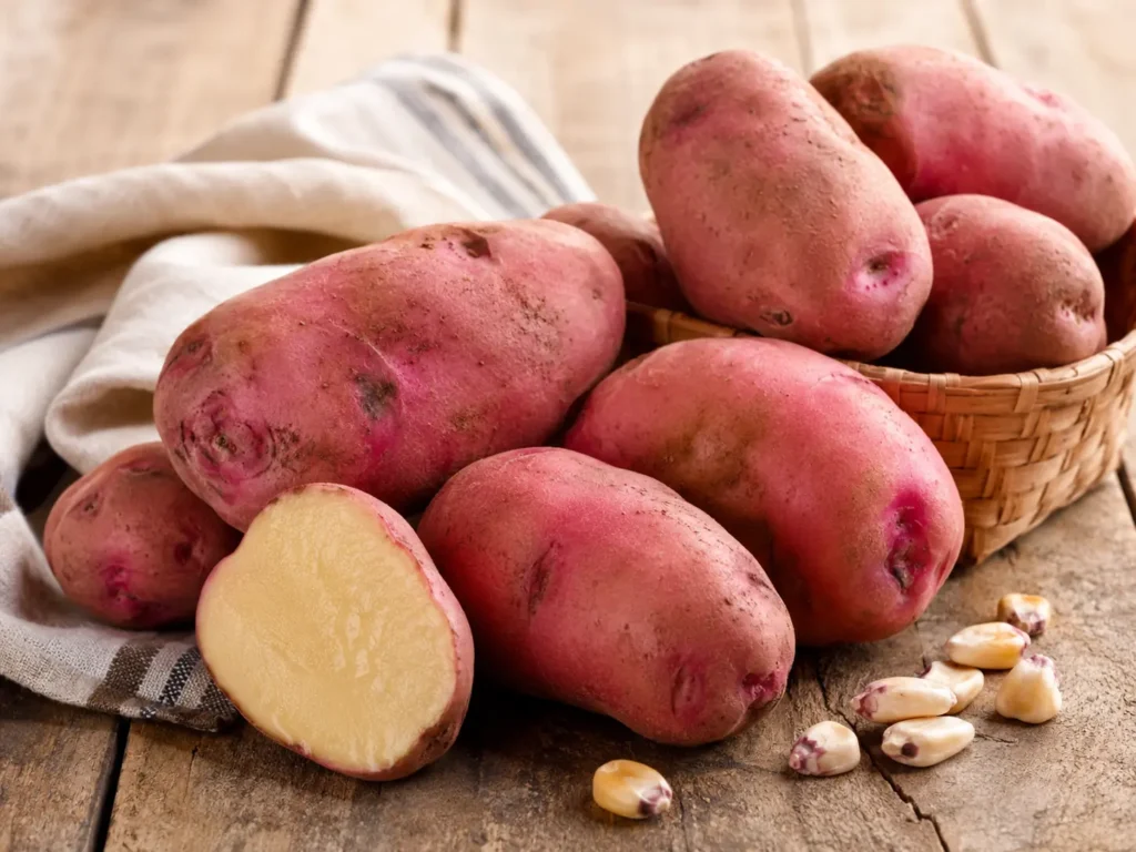 Papa Canchán peruana de piel rosada sobre mesa rústica, variedad tradicional de la cocina peruana