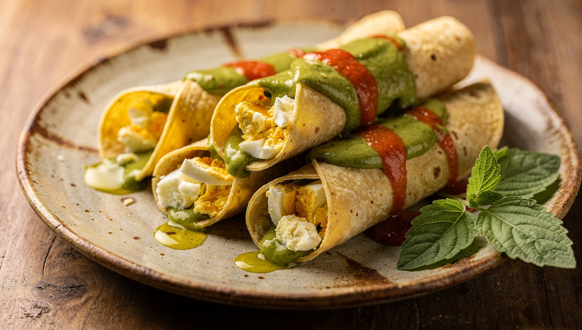 Papadzules yucatecos servidos en plato de barro con salsa de pepita verde y chiltomate rojo