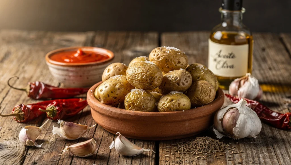 Papas arrugadas con mojo picón servidas en un plato de barro sobre mesa de madera rústica