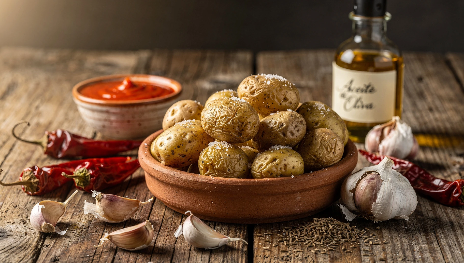 Papas arrugadas con mojo picón servidas en un plato de barro sobre mesa de madera rústica