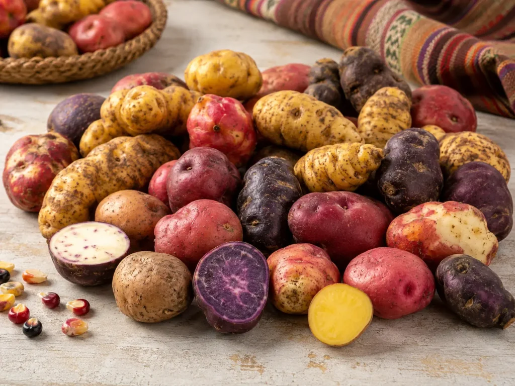 Papas nativas peruanas de colores sobre mesa rústica, símbolo de la biodiversidad agrícola del Perú