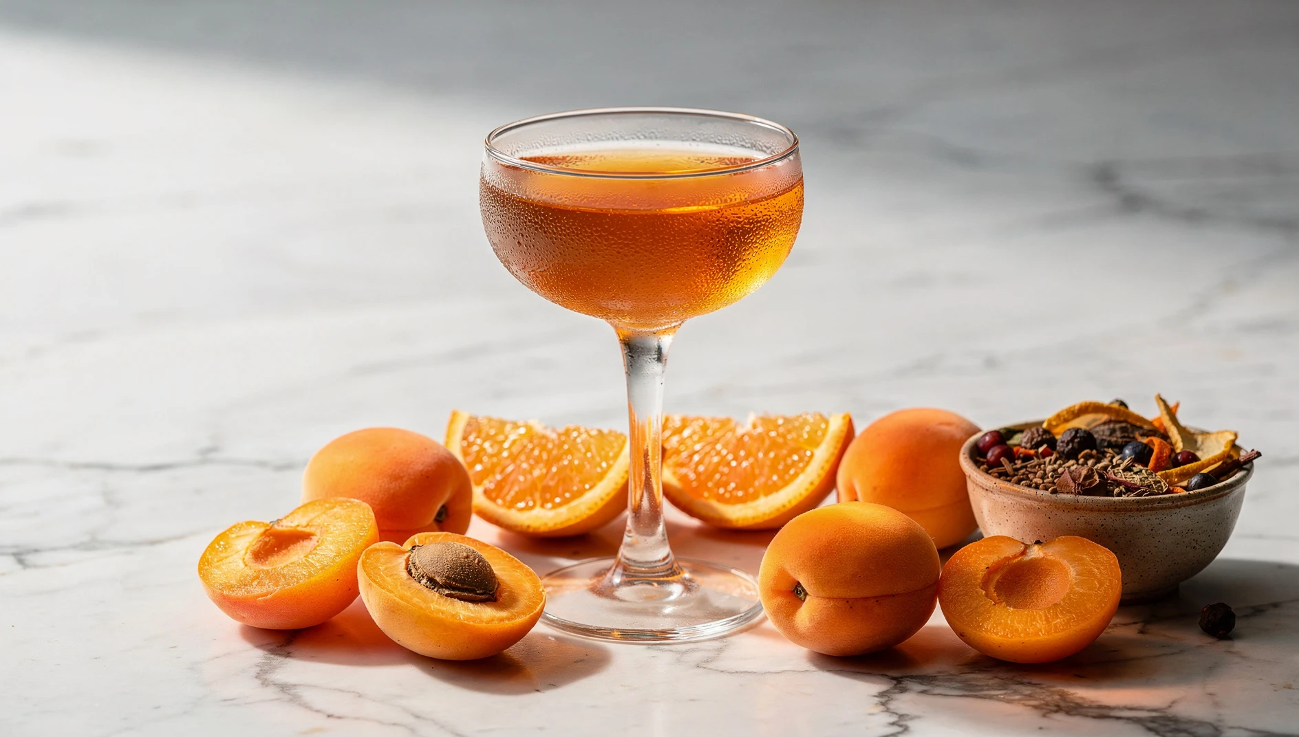 Copa coupé con el cóctel Paradise elaborado con gin, licor de albaricoque y zumo de naranja fresco