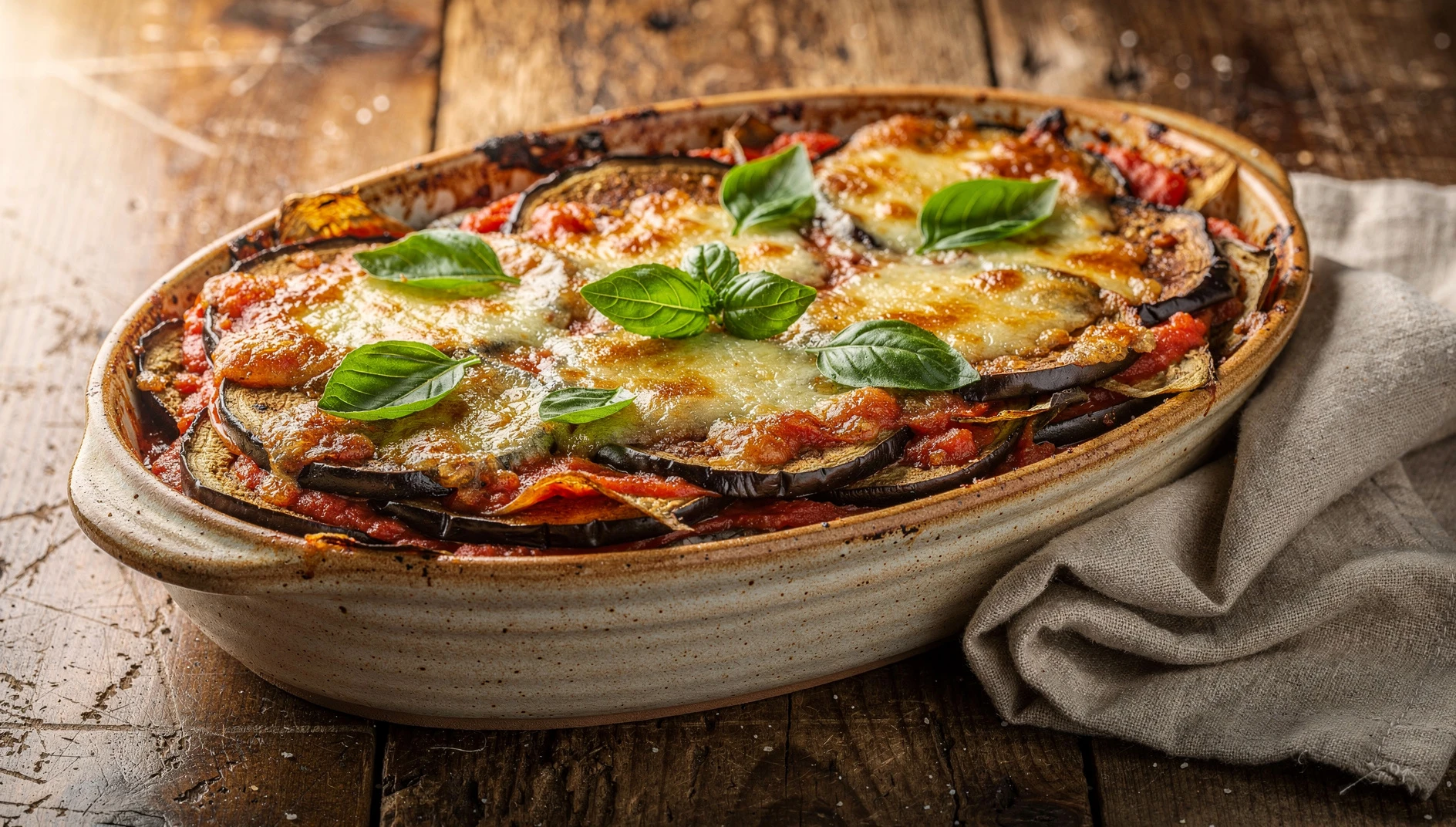 Fuente de parmigiana di melanzane recién horneada con capas de berenjena, salsa de tomate y queso gratinado