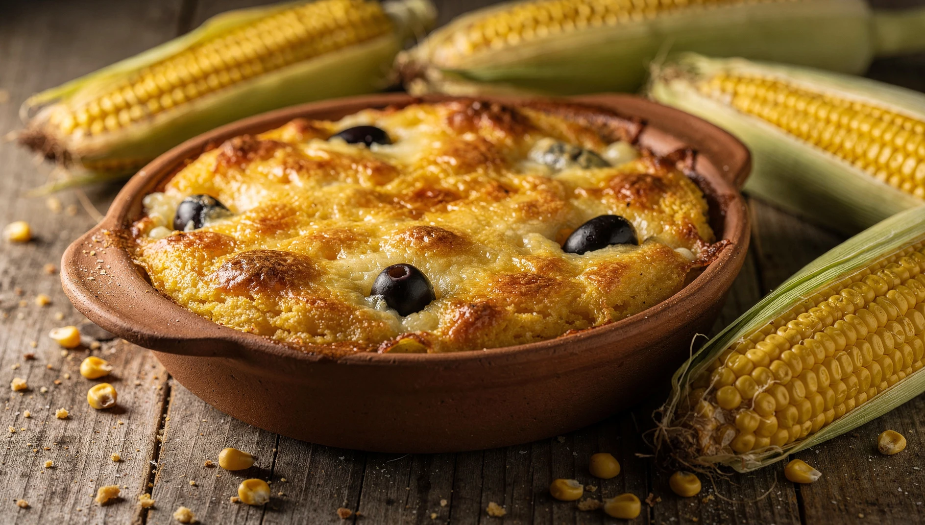 Pastel de choclo tacneño recién horneado con cobertura dorada de queso en molde de barro