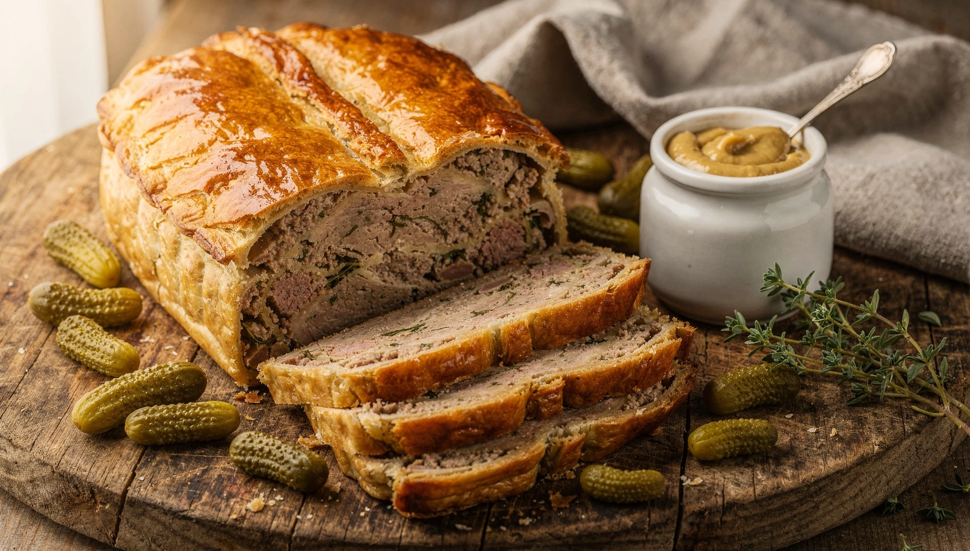 Pâté de canard d'Amiens en costra cortado en rebanadas sobre tabla de madera con pepinillos y mostaza de Dijon