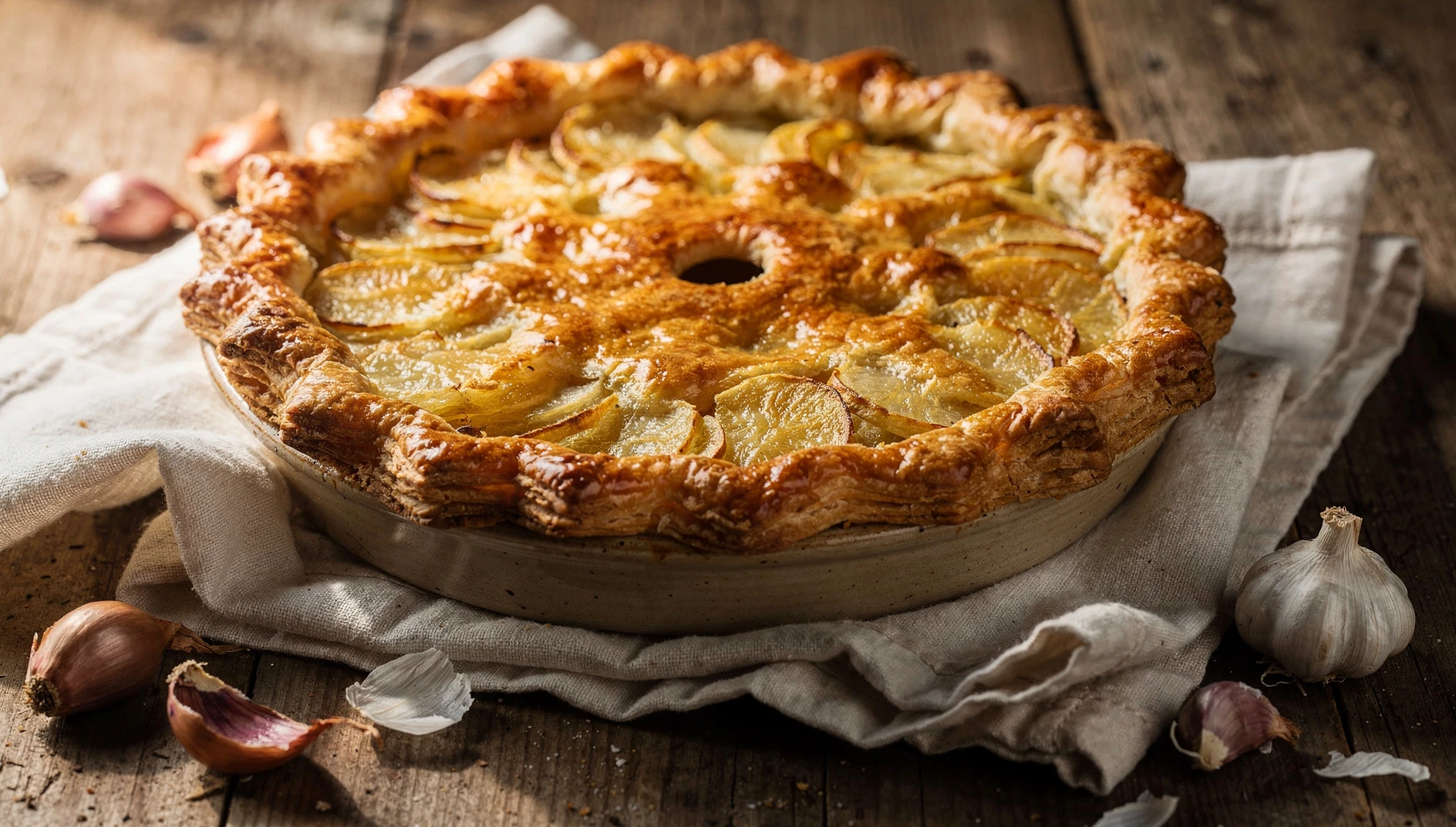 Pâté de pommes de terre del Limousin recién horneado con masa dorada y relleno de patatas sobre mesa de madera rústica
