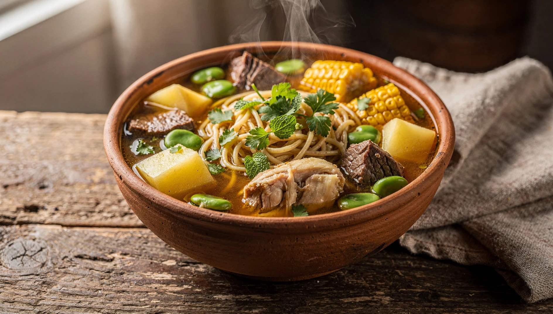 Bol de pebre arequipeño tradicional con trozos de carne, choclo, papa y hierbas frescas en caldo dorado