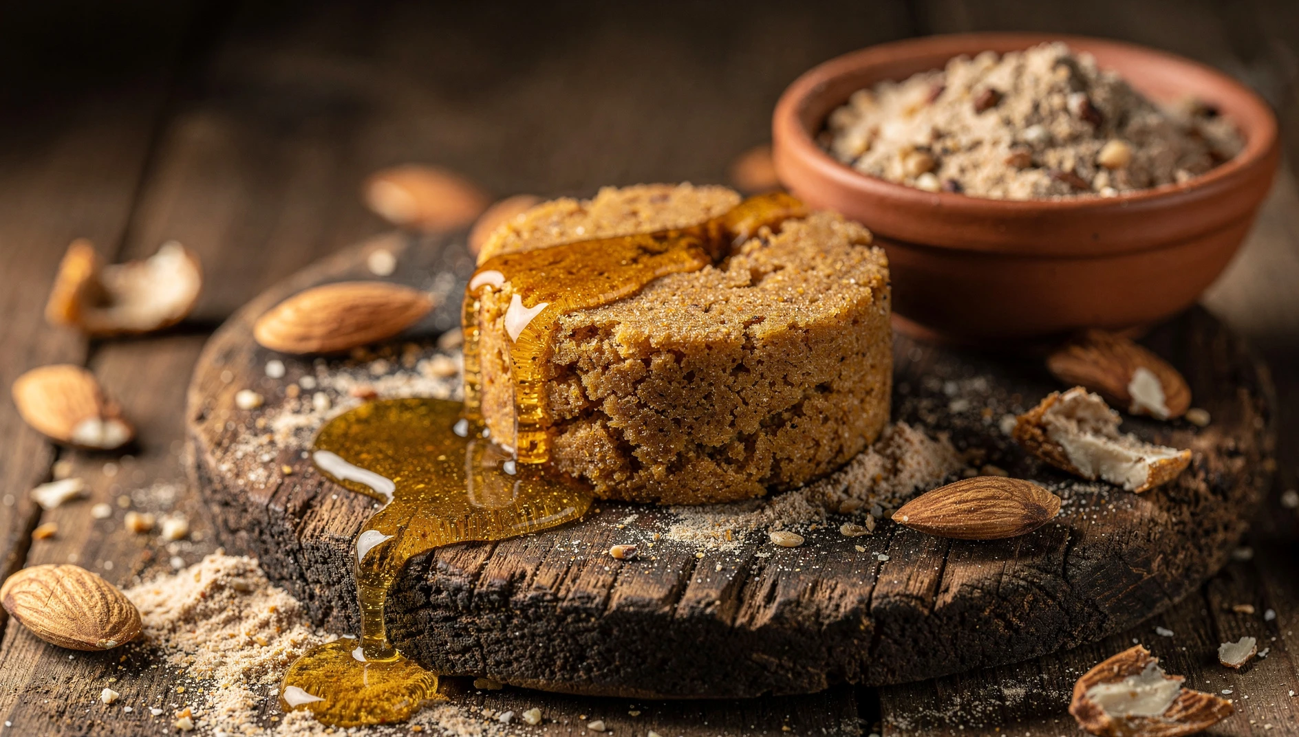 Pella de gofio canaria sobre tabla de madera con miel y almendras