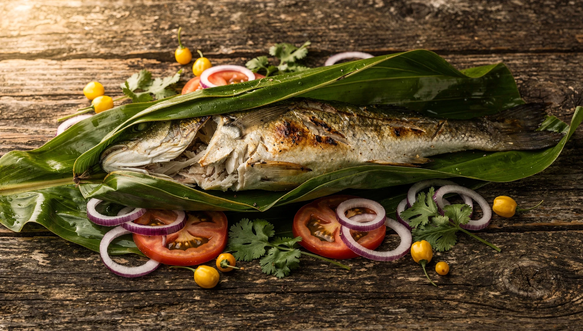 Pescado entero cocinado en hojas de paca con cebolla, tomate y culantro fresco, servido sobre una tabla rústica