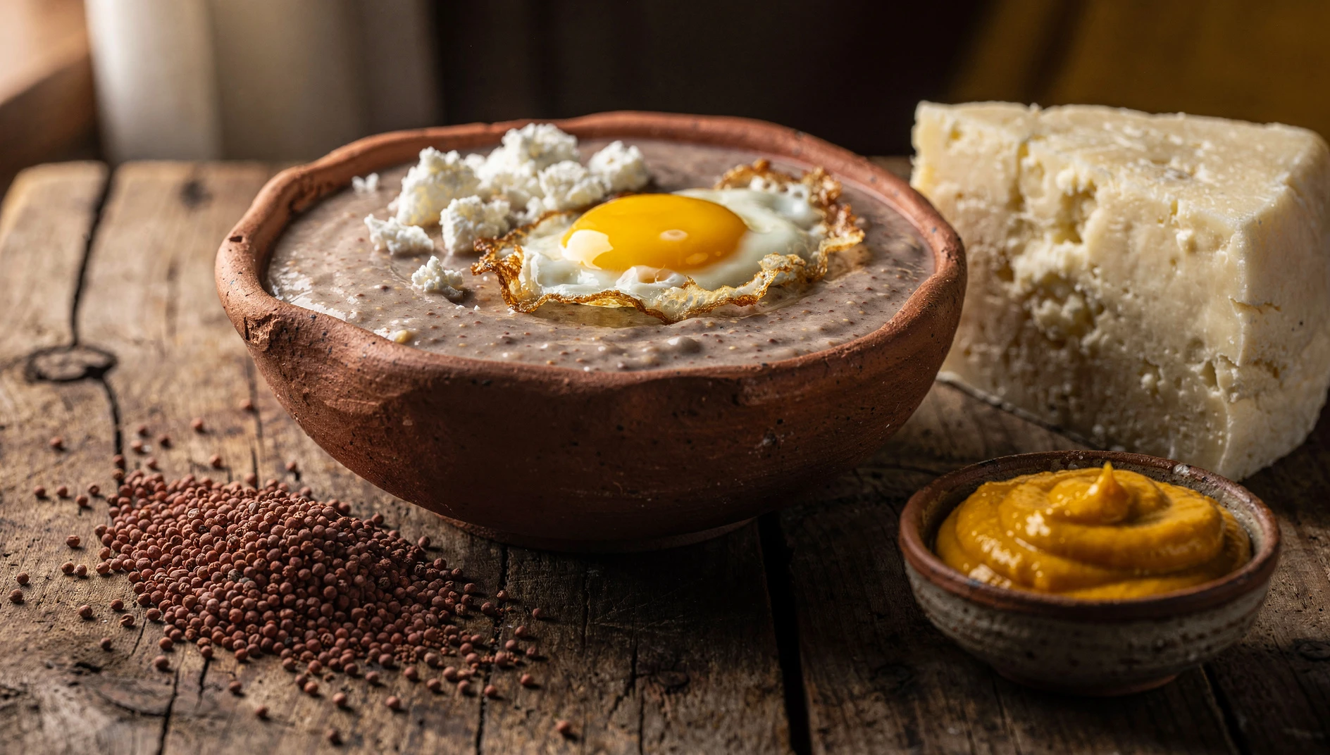 Pesque de cañihua puneño servido en bol de barro con queso fresco desmenuzado y huevo frito