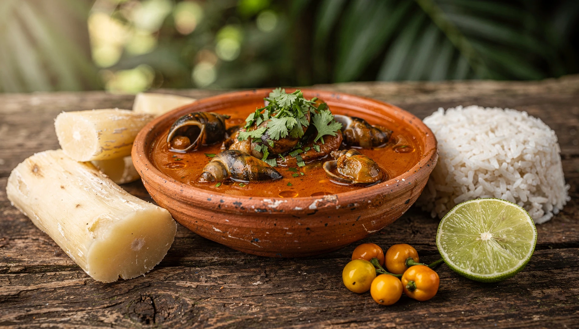 Picante de caracol amazonense servido en un bol de barro con arroz blanco y yuca, típico de la selva peruana