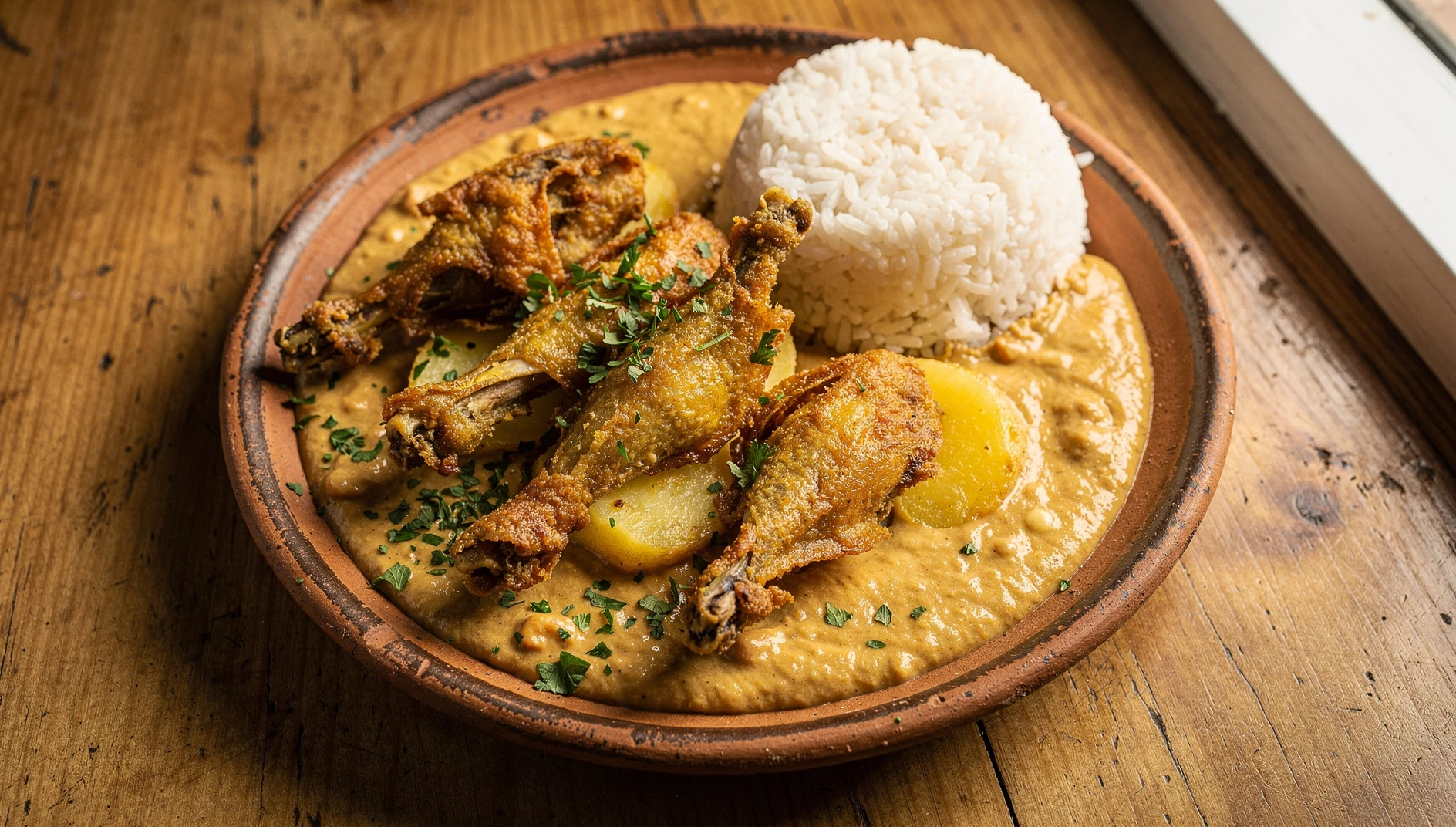 Plato de picante de papa con cuy cajamarquino servido con arroz blanco y decorado con perejil picado