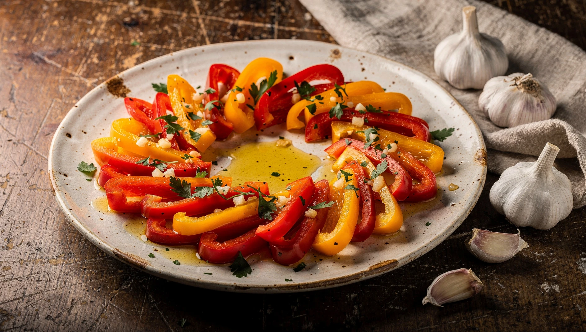 Pimientos asados con ajo y perejil fresco servidos en un plato de cerámica rústica